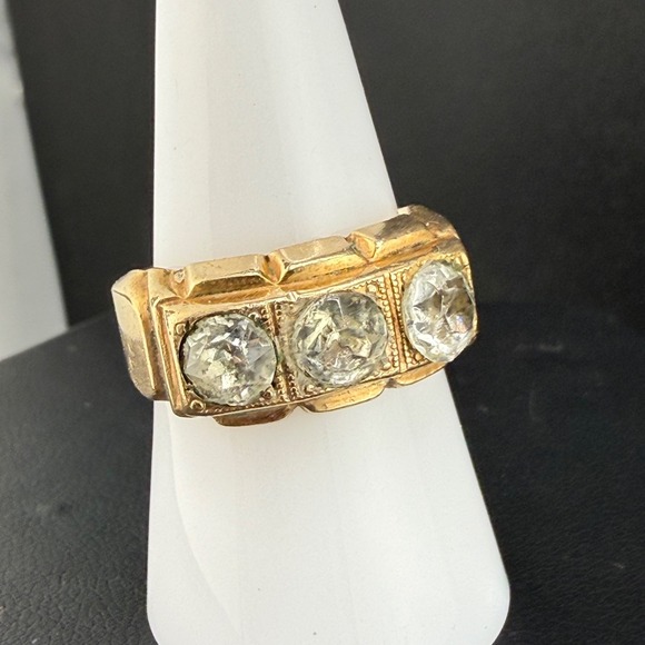 Estate Jewelry - Vintage Uncas Gold Filled Ring 3 Rhinestone Trilogy Band Size 8.25